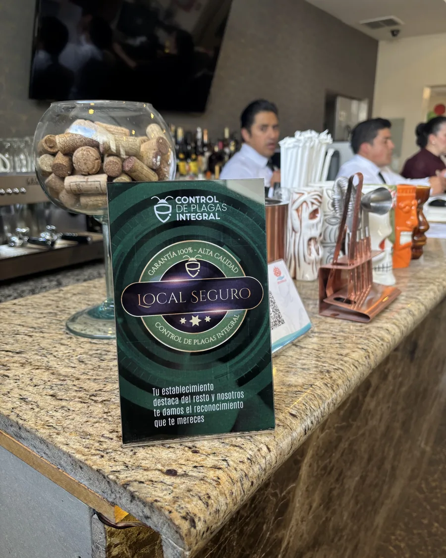 Insignia LOCAL SEGURO en la barra de una cafetería, con el personal atendiendo